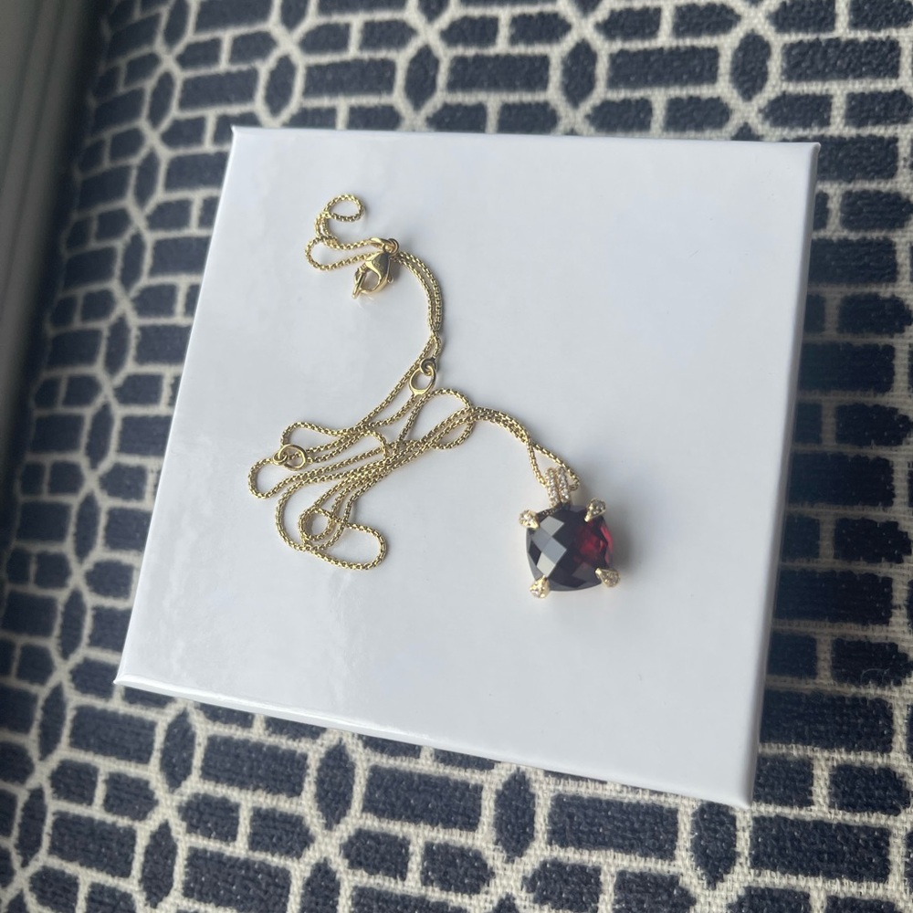David Yurman 11mm 18k Gold Chatelaine Pendant Necklace w/ Garnet & Diamonds